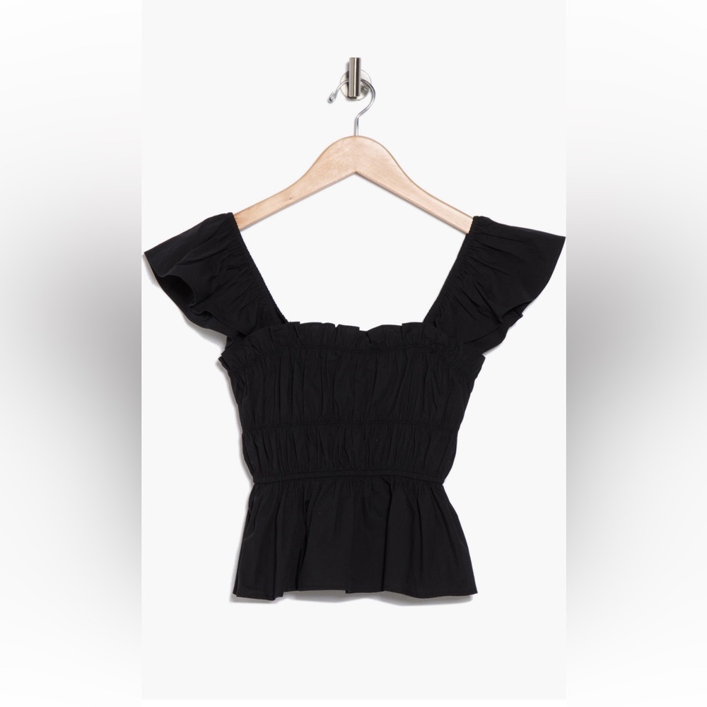 Elodie Shirred Peplum Black Top Size Medium New with Tags